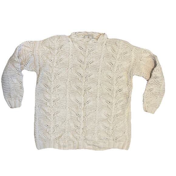Vtg Express Tricot M Fisherman Sweater Aran Chunky Hand Knit Cream Grandma Core - Picture 2 of 7
